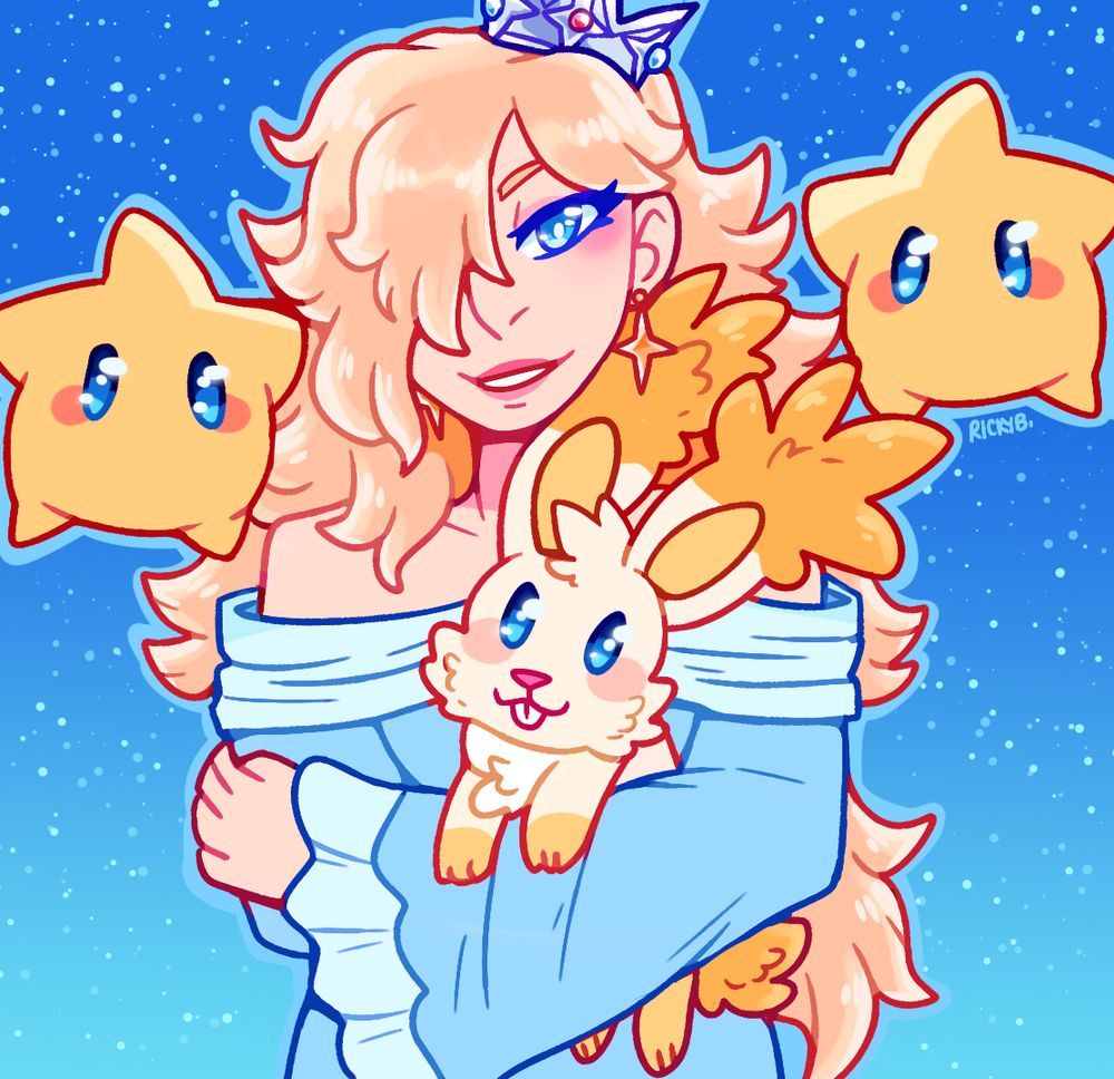Rosalina from the Super Mario Galaxy game holding a Starbunny and surrounded by two Lumas. A human woman with long fluffy blonde hair, blue eyes, and a off the shoulder blue dress. She is smiling and holding a white and yellow rabbit. There are two little star creatures floating beside her on a nighttime background.