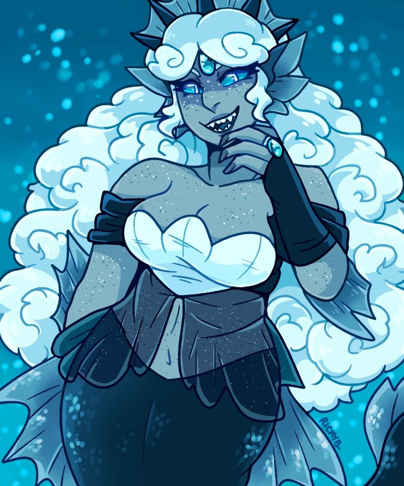 Black Pearl Cookie from Cookie Run. A very large monochrome colored mermaid woman with big fluffy white curly hair. She has a hand to her face with a devious expression.