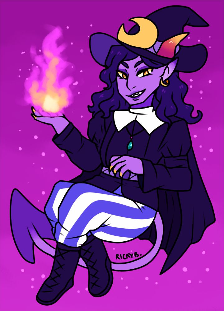 Humanoid demon OC dressed in a purple magician outfit from Final Fantasy