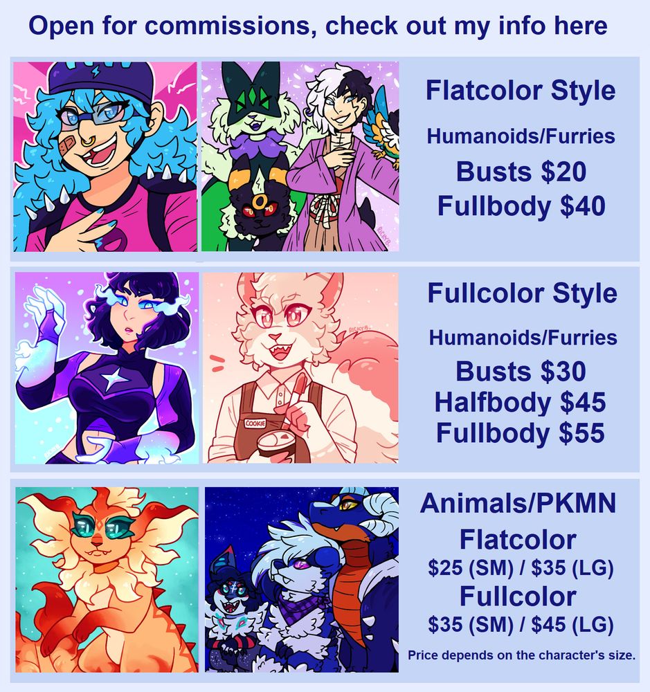 A commission chart with various human, furry, and pokemon art examples on it