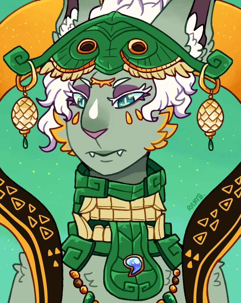 Art of Mineru from Legend of Zelda Tears of the Kingdom. An anthro cat-like woman who is mostly gray and gold with white hair. She has two green pieces of very detailed, ancient jewelry and two egg shaped earrings.