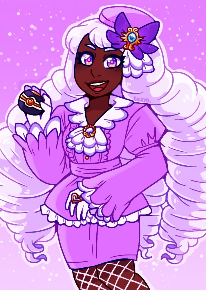 Jacinthe from Pokemon Legends ZA. A black woman with long fluffy purple hair, wearing a fancy, frilly purple blouse and skirt. She is smiling and holding up a luxury ball.