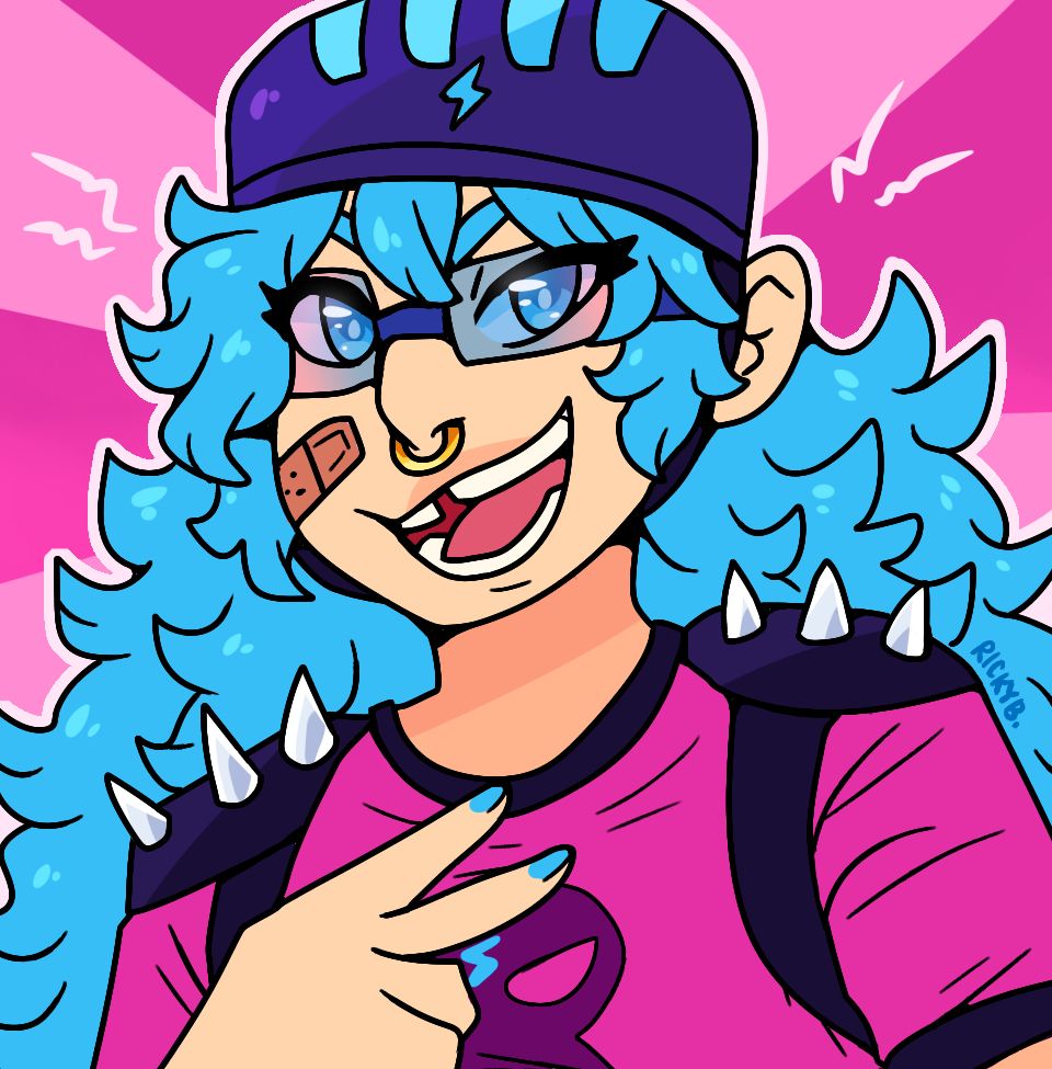 Art of a human girl with fluffy long blue hair making a peace sign at the viewer. She is wearing pink and purple clothes with some skater gear.