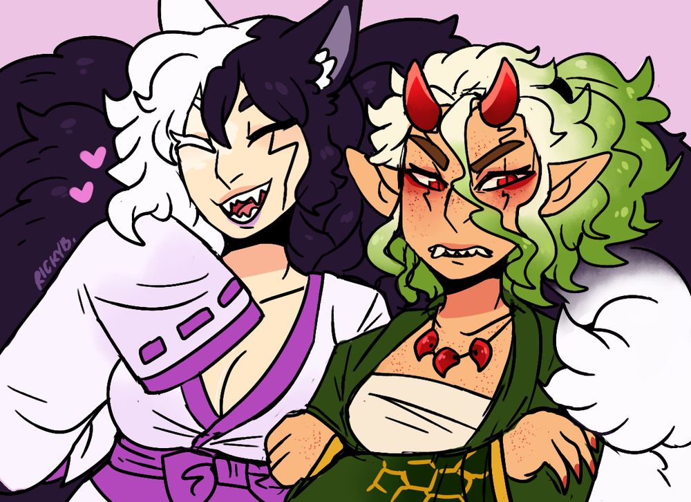 Asagiri Gen and Ishigami Senku from Dr. Stone as women. Gen on the left is a black / white kitsune in a white / purple kimono. Senku on the left is an oni in mostly green and red colors. Gen is playfully teasing Senku with one of her tails.