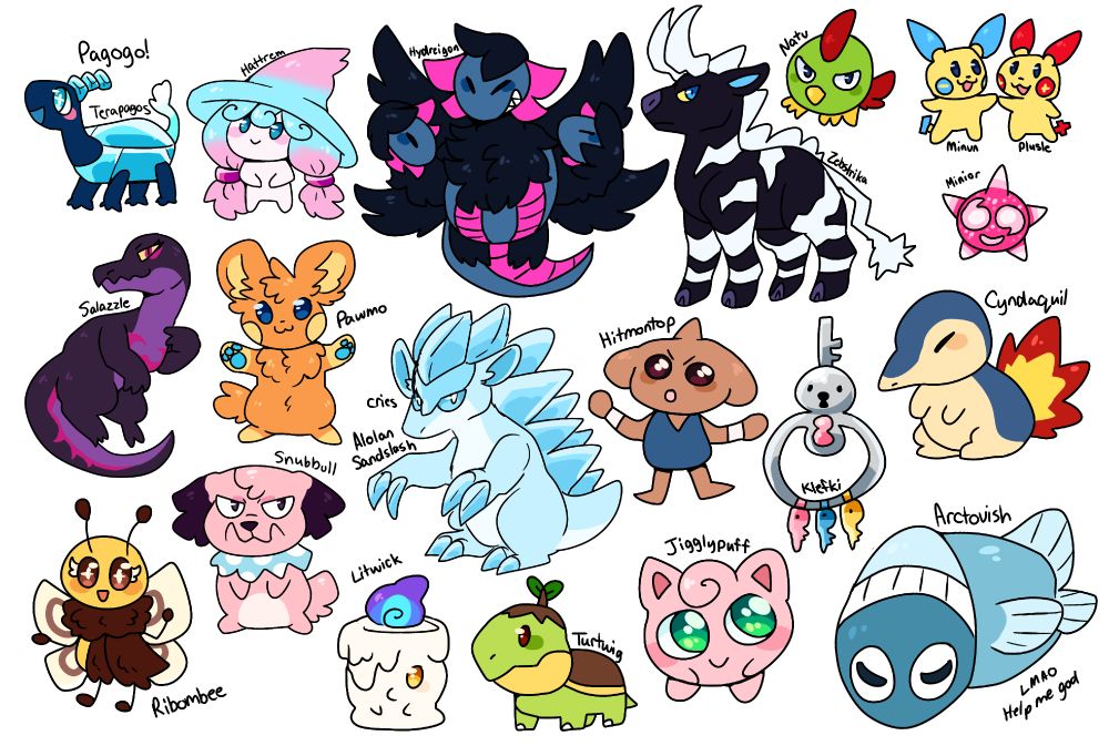 Several pokemon drawn from memory on an art canvas in varying degrees of quality