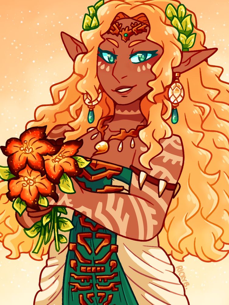 Queen Sonia from Tears of the Kingdom. She is a dark skinned hylian woman with long wavy golden hair and various light colored ancient tattoos. Her outfit is a white and teal colored dress covered in detailed golden jewelry. She is holding a small bouquet of sundelion flowers.