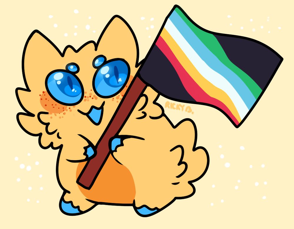 A Joltik from Pokemon, a little yellow and blue spider creature. Holding the disability pride flag and smiling. A black flag with green, light blue, white, yellow, and red stripes on it.