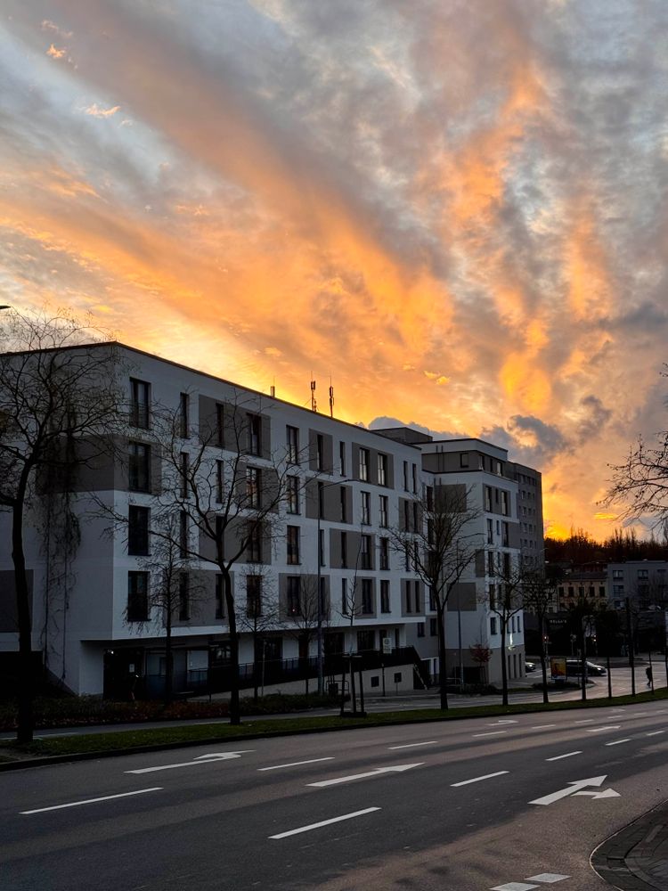 Wohngebäude mit mehreren Stockwerken an einer mehrspurigen Straße. Im Vordergrund stehen laublose Bäume. Die Straße ist fast leer und markiert mit weißen Richtungspfeilen. Am Himmel im Hintergrund ist ein spektakulärer Sonnenuntergang mit intensiven Orangetönen und dramatischen Wolken zu sehen. Das Gebäude wirkt modern und ist in hellen Farben gehalten.