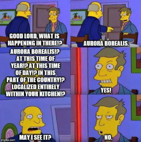 Simpsons GOOD LORD, WHAT IS HAPPENING IN THERE!? AURORA BOREALISI? AT THIS TIME OF YEARIP AT THIS TIME OF DAYIP IN THIS PART OFTHE COUNTRYIP LOCALIZED ENTIRELY WITHIN YOUR KITCHEN? imgtip.com MAY I SEE ITP AURORA BOREALIS. YES! NO.
