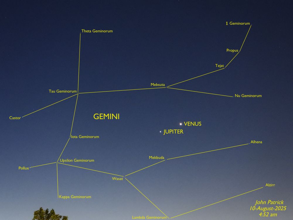 2 of 2
Photo:  a picture of the early morning sky dark at the top and lighter at the bottom heralding the on coming dawn.  This image has a number of lines connecting small white pin pricks which are the stars in the constellation Gemini.  Each star is labeled, as is the constellation and the planets Jupiter and Venus.     From Left to right and top to bottom the labelled stars are Castor, Pollux, Theta Geminiorum, Tau Geminorum, Iota Geminorum, Upsilon Geminorum, Kappa Geminorum,  Wasat, Mebsuta, Mekbuda, Lambda Geminorum, 1 Geminorum, Propus, Tejat, Nu Geminorum, Alhena, and Alzirr.
The picture was taken by John Patrick on 10 August 2025 at 4:52 AM Vancouver time.