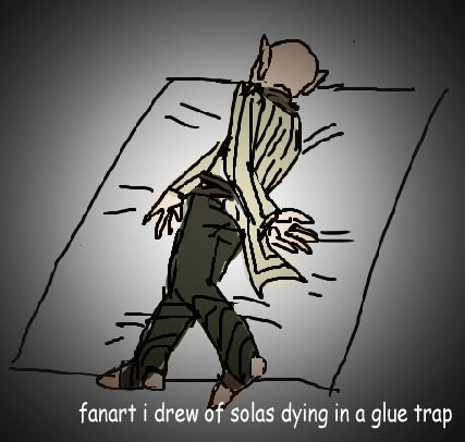 a low quality drawing of solas from dragon age in a glue trap. the image text reads 'fanart i drew of solas dying in a glue trap'