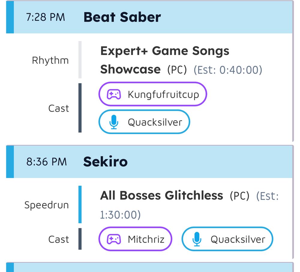 I will be hosting for Beat Saber, run by Kungfufruitcup and Sekiro, run by Mitchriz, starting at 7:28 pm Central time on July 6th