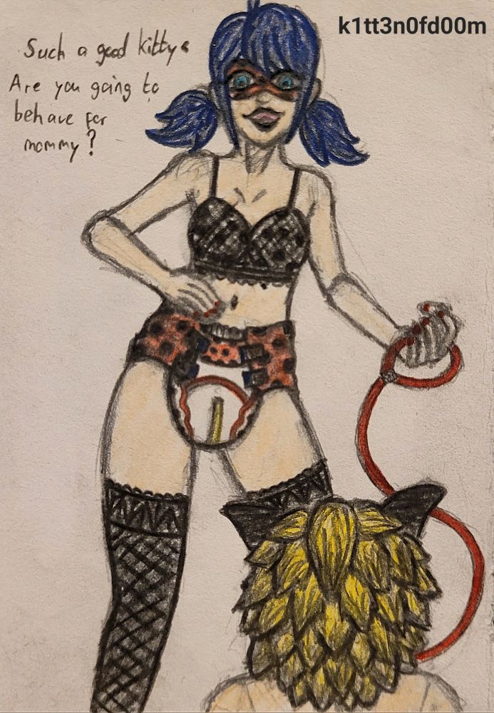 Ladybug towering above a naked kneeling Chat Noir facing her, only his body above his chest is visible. Ladybug is keeping him on a leash. She's wearing a black lace bra with matching stockings, along with a Ladybug themed diaper. 
She's telling Chat Noir "Such a good kitty <3 Are you going to behave for mommy?"
