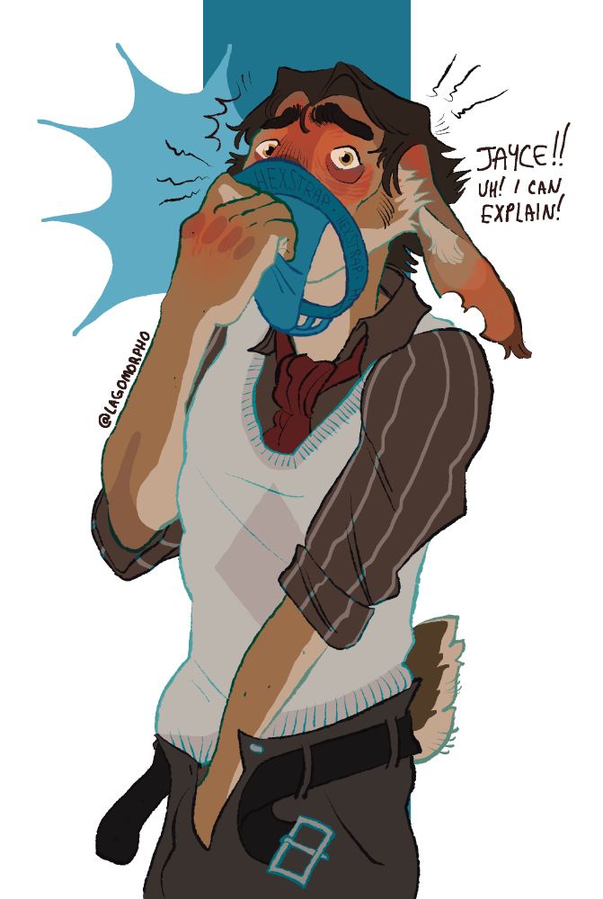 A furry hare Viktor stands startled as an offscreen Jayce catches him, blushing and frozen. He has one hand over his snout, Jayce's jockstrap (hexstrap) over his nose like a muzzle. His other hand is stuffed in his pants. His ears are pinned back and flushed- "Jayce!! Uh! I can explain!"
