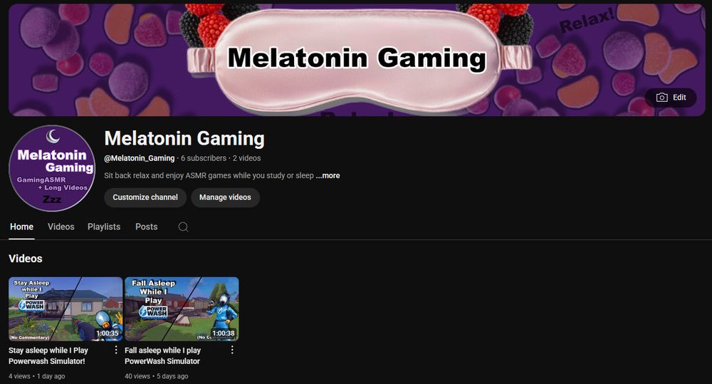 Youtube screenshot of youtube channel where I post hour long no commentary videos to fall asleep too
