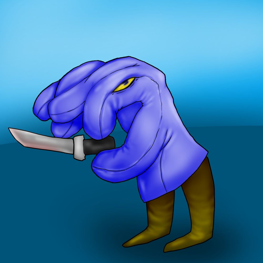 an evil blue glove with a yellow eye, a knife, and yellow-brown leggings. The eye is directly on the seam of the index finger, looking somewhat snake-like