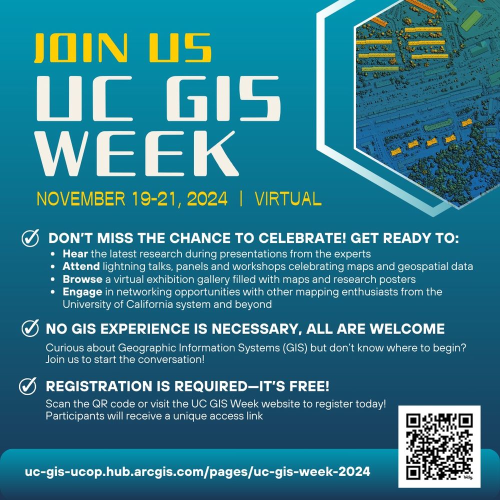 UC GIS Week flyer on a gradient blue background with dates, and LiDAR map in upper right hand corner. Text lists reasons to attend. 