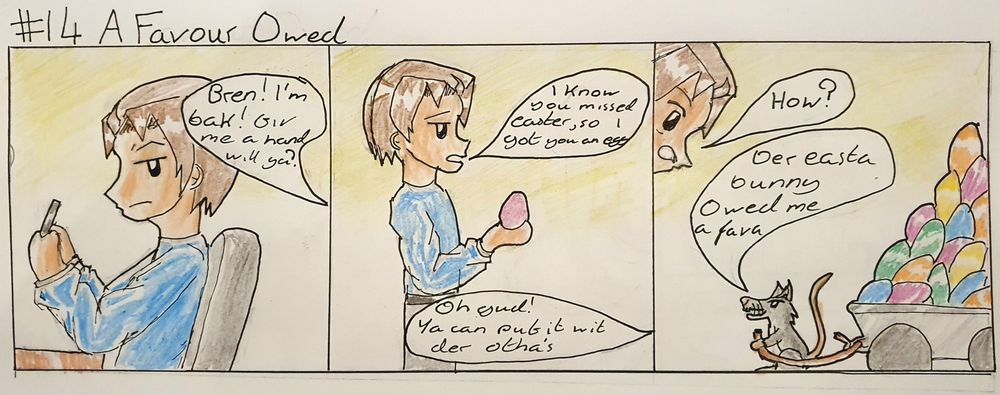 Riz returns home, and Brennan goes to meet him with an Easter egg, as Riz missed the Easter festivities. Riz, however, comes in with a wagon load of Easter eggs, claiming that the Easter Bunny owed him one