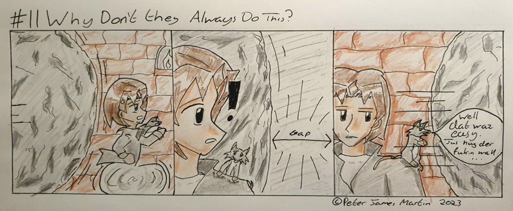 Brennan and Riz are running away from a giant boulder when Brennan realises that there's a large gap between the boulder and the wall. The duo stand flat against the wall and let the boulder roll on past