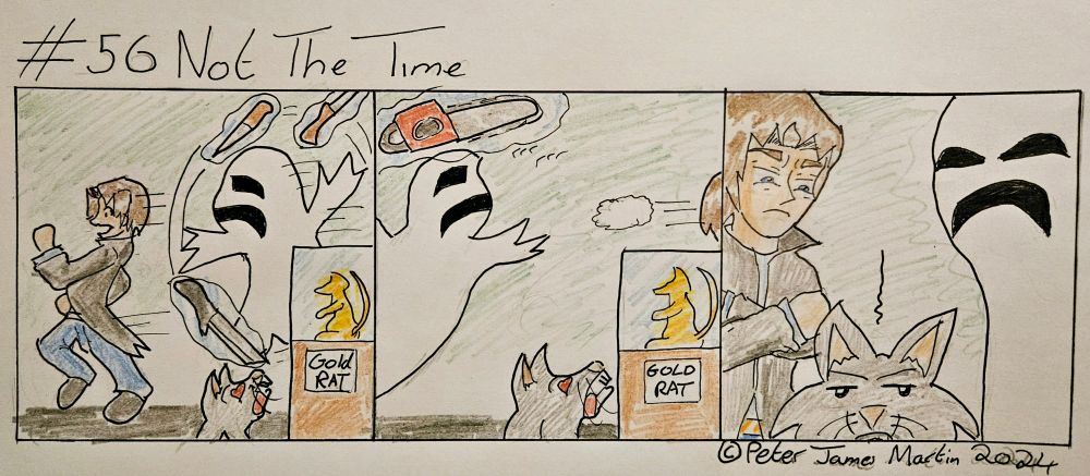 We see Brennan being chased by a ghost while Riz oogles a golden rat statue.