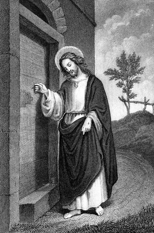 Jesus knocking gently on a shut door.