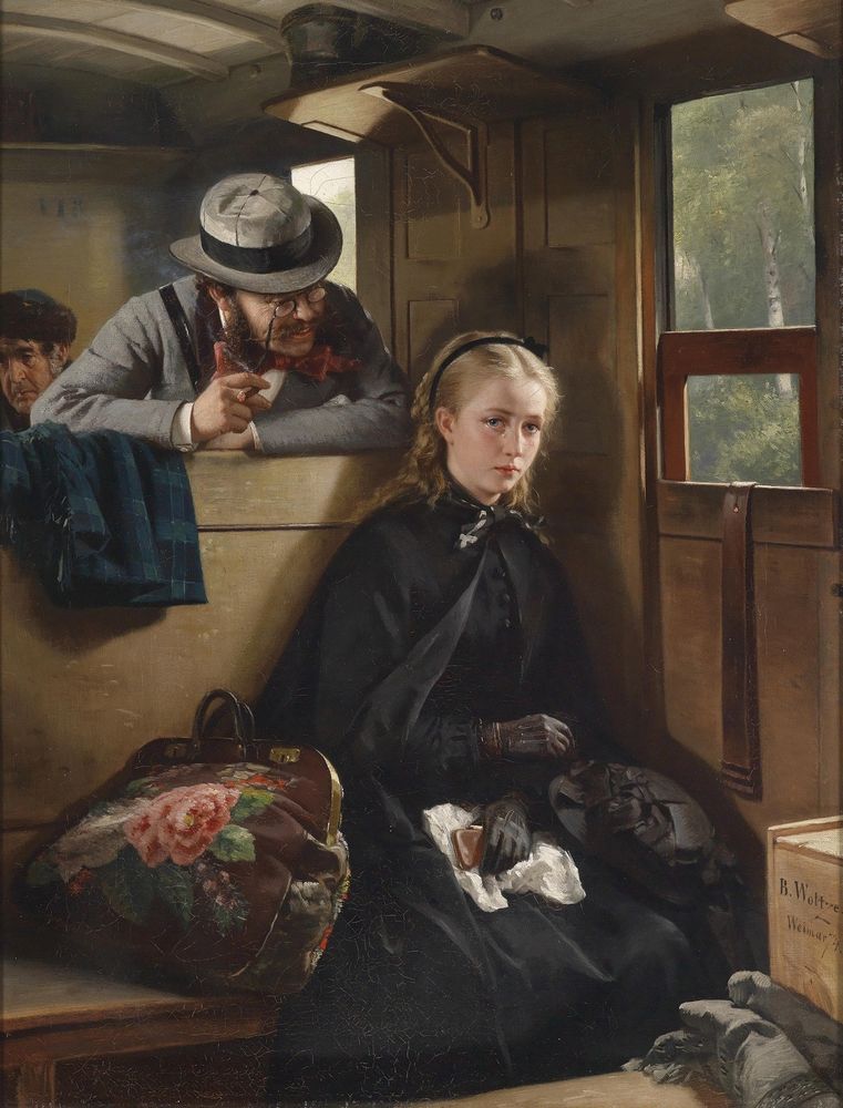 Victorian man hassles a young woman in a train carriage. 