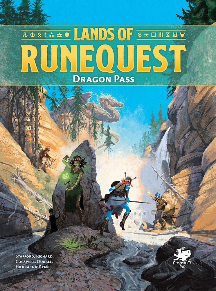 Cover art for Land of RuneQuest - Dragon Pass. Adventurers are trying to ambush a dream dragon.