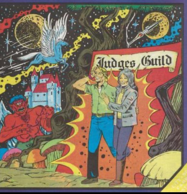 Middle aged couple steps out a Judges Guild book into a world of fantasy containing winged cyclops, castle, rocket, Pegasus and space ship with cosmic background. Seems to be inspired by Jack Kirby.