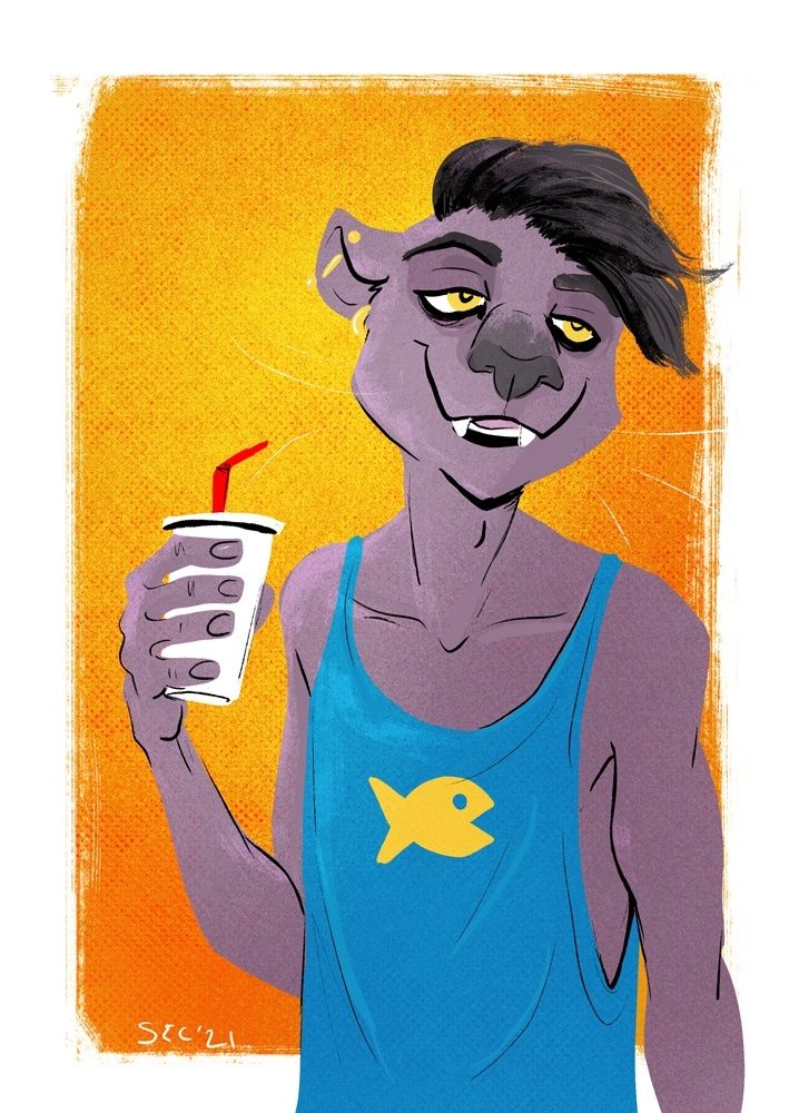 a commission of my purple panther character. he looks tired and is holding a white cup with a red straw coming out of it. he's wearing a blue tank top with a yellow fish on it