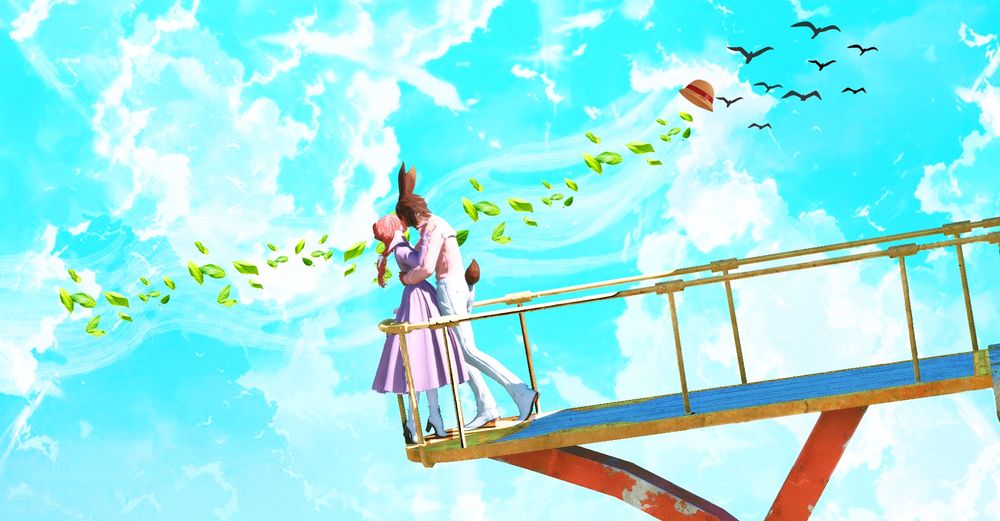 Inspired by Howl's Moving Castle. Cassia and Naveen are standing on a balcony as they are kissing. The Sky behind them, green leaves flow in the background from the wind while her hat flies away. A pair of birds are flying in the background.