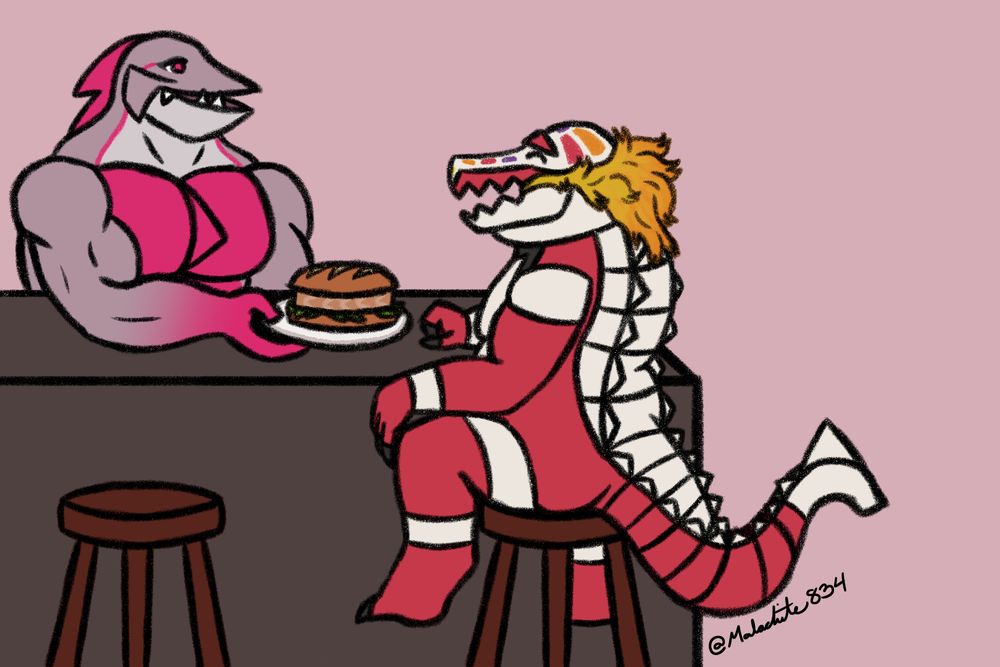 The first panel from the above sequence, featuring a chubby anthro Skeledirge from Pokémon sitting at a table and being served a sandwich by a muscular anthro Veluza from Pokémon, with the Skeledirge smiling at him.