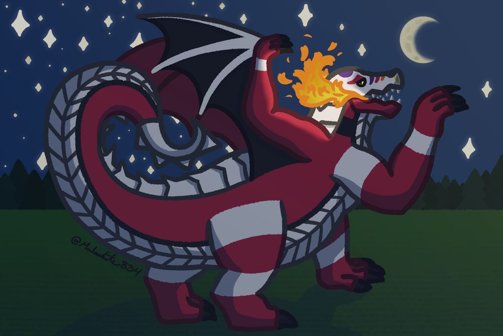 A digital drawing of a quadrupedal winged dragon with a design based on the Pokémon Skeledirge. It is primarily red with white and black accents and a skull-like pattern on its face. Its body is turned away with its eyes looking back at the viewer. It is standing in a green field with a row of pine trees in the distant horizon. The sky above it is dark blue with many stars and a crescent moon.