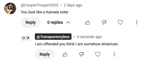 Commenter CooperTrooper2025 left a comment on one of our videos saying "You look like a Kamala voter". And I responded back by saying "I am offended you think I am somehow American".