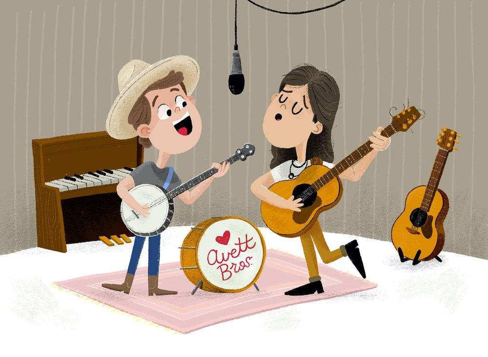 A children's book illustration of The Avett Brothers in the studio recording a new song.