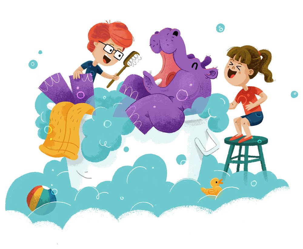 Children's book illustration of 2 children happily giving their pet hippopotamus a bath.