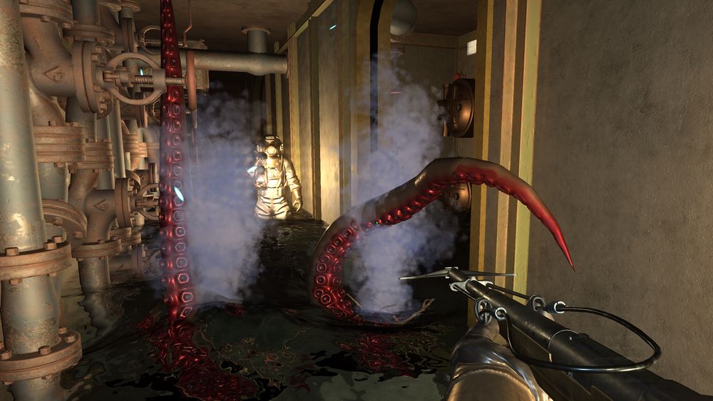 Massive red tentacles burst through the flooded corridor of a submarine. One player is standing back, facing the monster with a lantern. Survival horror game, horror survival game, multiplayer game, co-op horror game, co-op survival game, fun multiplayer games to play.
