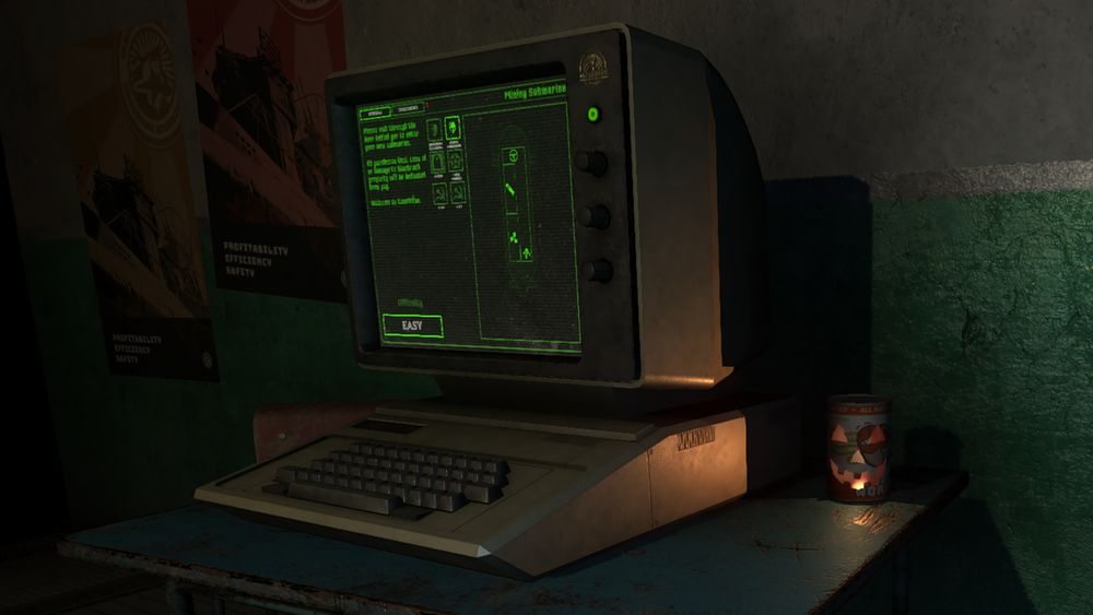 A dimly lit room in the horror survival game Darkwater shows a retro green-glow terminal on a rusted desk. Beside it sits a Halloween-themed tubeworm can, carved like a jack-o’-lantern and glowing faintly. Atmospheric indie horror scene.