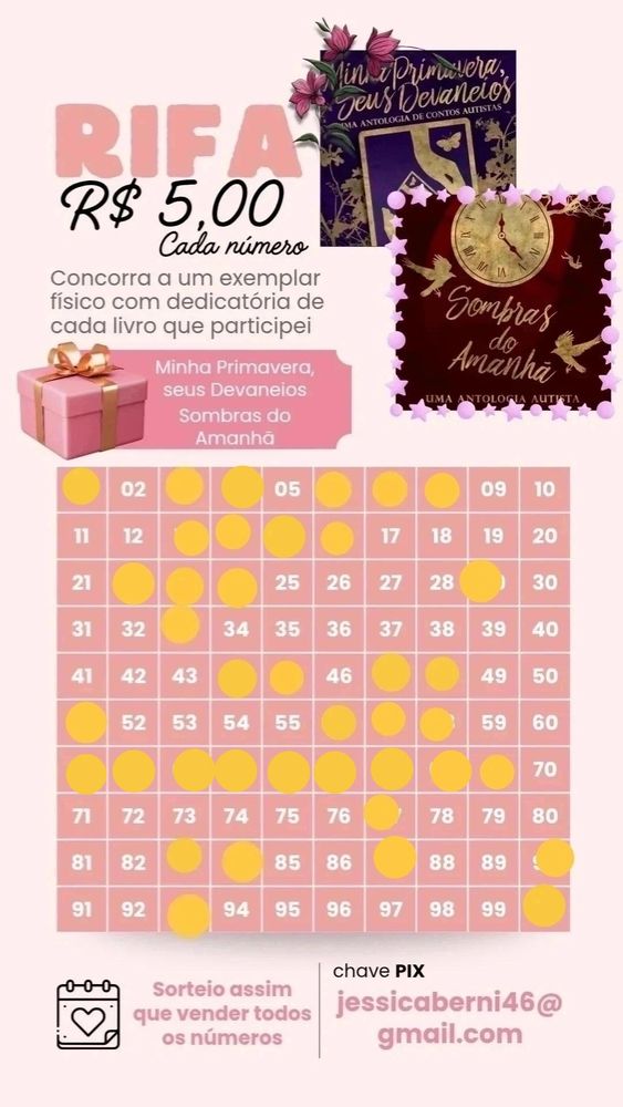 Imagem da minha rifa de dois livros com dedicatória, tem 100 números, mas nem todos estão disponíveis