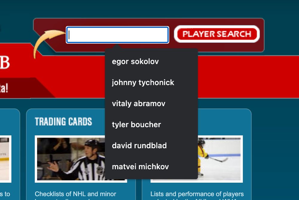A list of pre-populated names hangs below the HockeyDB search bar. The list, in order, includes Egor Sokolov, Johnny Tychonick, Vitaly Abramov, Tyler Boucher, David Rundblad, and Matvei Michkov.