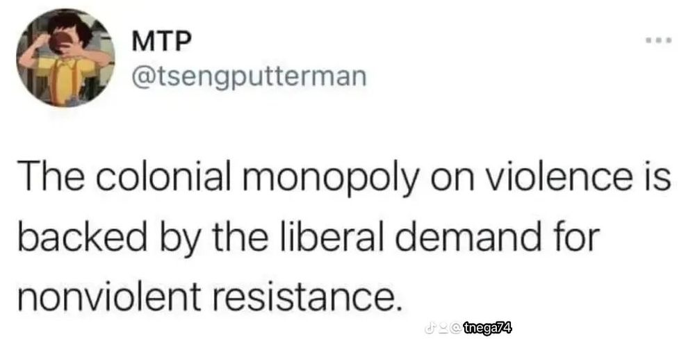 print onde le-se: o monopólio colonial da violência é apoiado pela exigência liberal de resistência não violenta (tradução do inglês para o brasileiro)