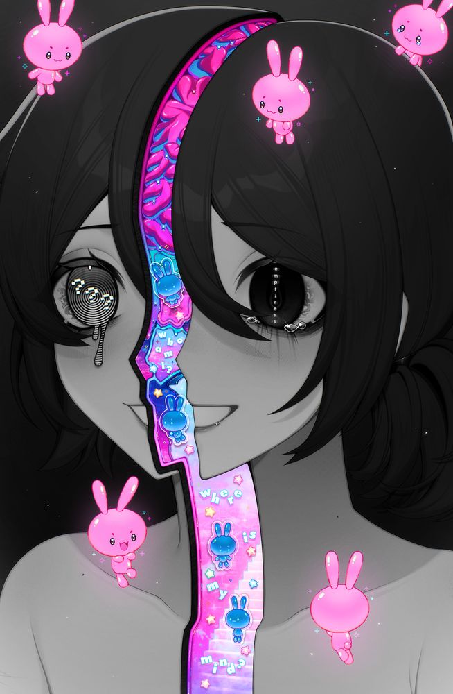 monochromatic surreal self portrait with eyes that have ??? and emptiness in them, whilst a colorful and bright world draws your eyes in. also! cute bunnies!!!