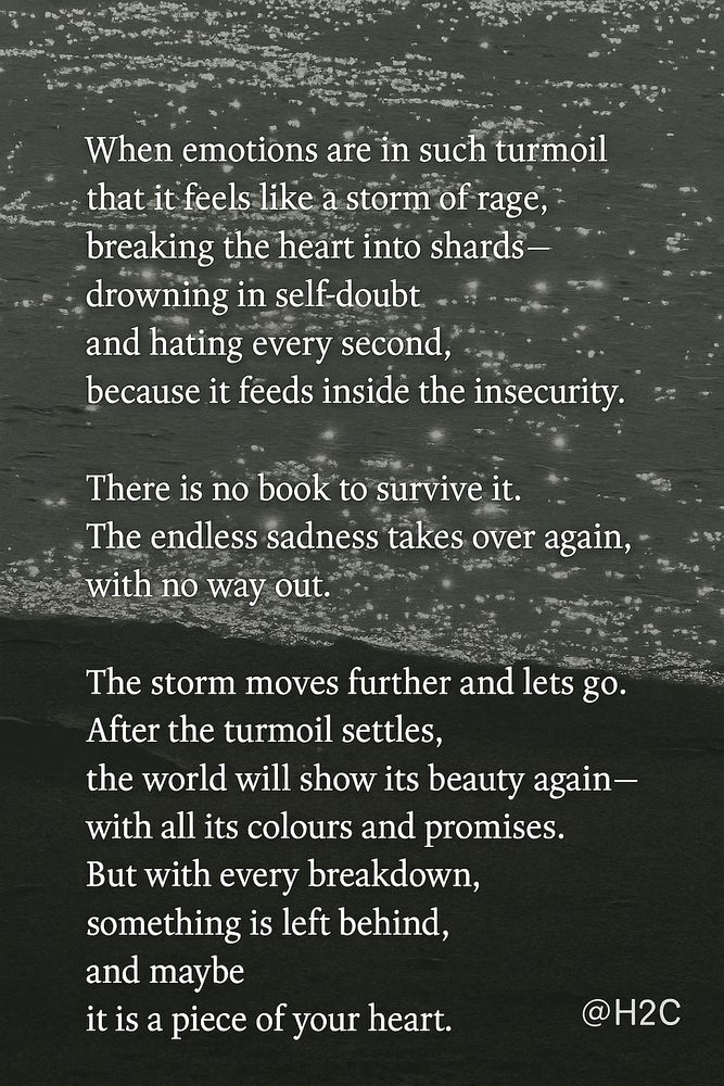 It shows a photo with some reflections on the water and a poem on it:
“When emotions are in such turmoil that it feels like a storm of rage, - breaking the heart into shards-drowning in self-doubt and hating every second,
because it feeds inside the insecurity.
There is no book to survive it.
The endless sadness takes over again, with no way out.”
The storm moves further and lets go.
After the turmoil settles,
the world will show its beauty again-with all its colours and promises.
But with every breakdown, something is left behind, and maybe
it is a piece of your heart.” @H2C