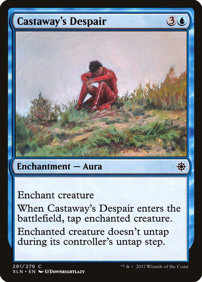 Magic card Castaway's Despair with art by reddit user downrightlazy of Charles Leclerc sitting on the dunes dejected after crashing in the 2025 Formula 1 Dutch Grand Prix 