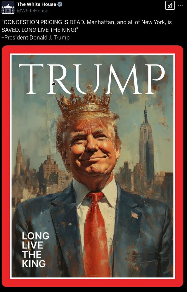 A screenshot of a text from the official "WhiteHouse" twitter account claiming a quote by Donald Trump including "LONG LIVE THE KING" and an illustration of Donald Trump on a parody Time magazine cover with "TRUMP" replacing "TMIE" where trump is pictured wearing a crown.