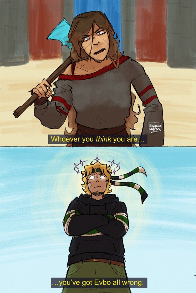 A two-panel comic of PVP Tabi meeting Parkour God Evbo. Panel 1: Tabi stands menacingly with her axe over her shoulder, looking up at an off-camera target. She says, "Whoever you *think* you are..." Panel 2: Tabi's dialogue continues, "...you've got Evbo all wrong." God Evbo stares down with his arms crossed, face completely stoic with glowing white eyes. Light radiates from behind him, dissipating into the blue sky.