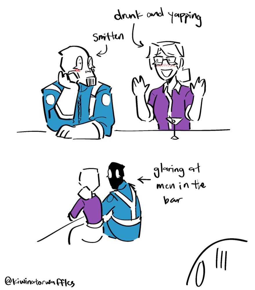 A two-part image of BLU Pyro and Miss Pauling. The two sit at a bar table. Miss Pauling is drunk and yapping with a martini in front of her, while Pyro listens to her, smitten. The second image shows Pyro glaring menacingly at men in the bar.
