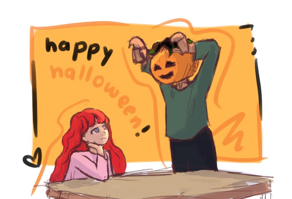 illustrated fanart of characters from visual novel "the flower ward". arcadia has long red hair and sits at a table with her chin on her hand, looking at kellan. she wears a pink shirt with long sleeves. kellan has a carved pumpkin over their head with some black hair poking out the top, ombre green at its tips. they are standing next to the table with their arms up like mockingly scaring. they wear a long dark green shirt with long sleeves, and black pants. background text says "happy halloween!"