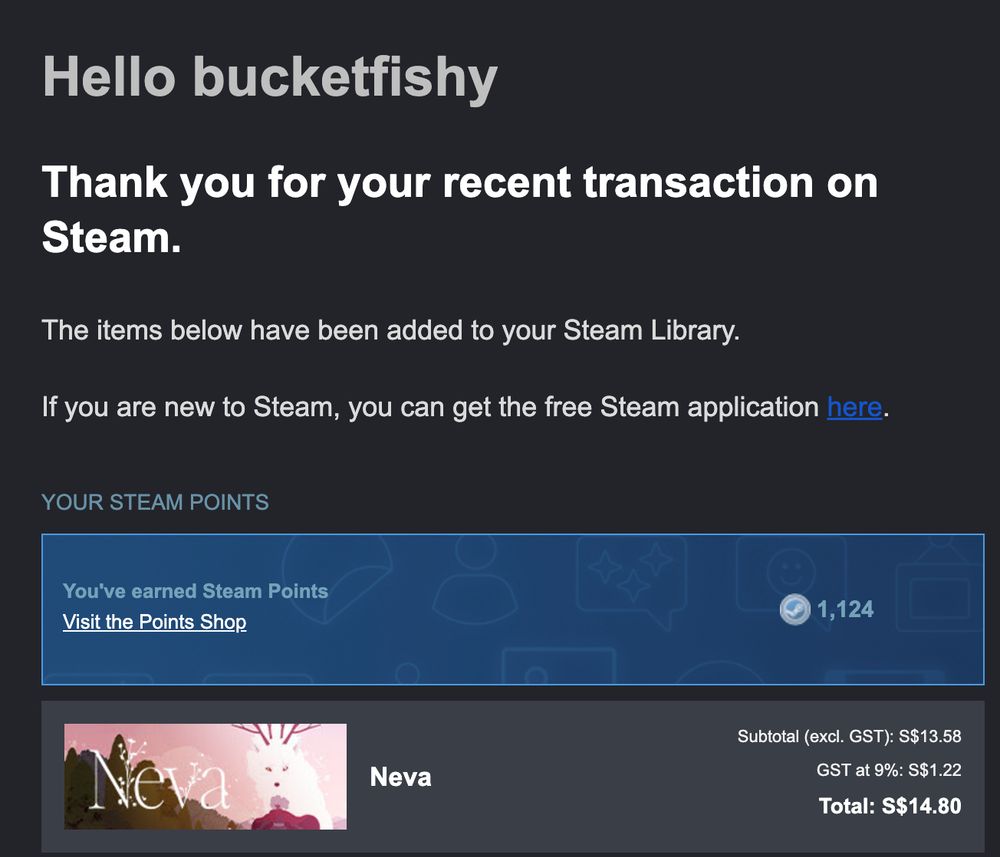screenshot of steam receipt. purchased neva!