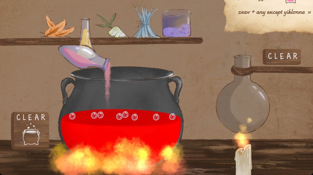 screenshot of game remedy renemy. a red tube is being poured into a cauldron holding red liquid. the cauldon and a flask nearby are both lit with flames. a shelf of colorful ingredient sits behind on the wall
