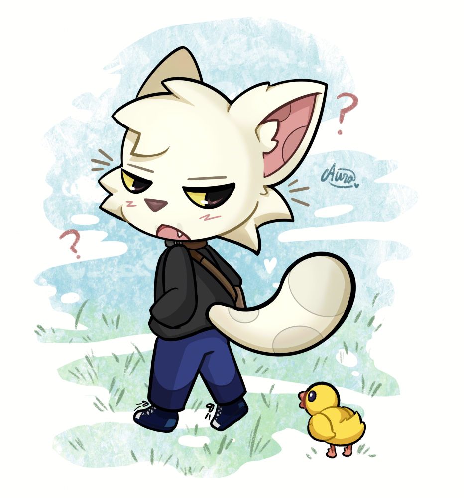 Drawing of a white furred anthro cat in a chibi art style looking down at a small chick in confusion, two floating question marks are around his head.